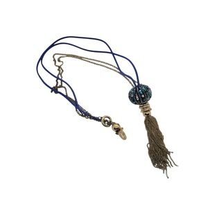 Jules Long Tassel Pendant Necklace Blue Cord Gold Chain Beaded Orb Boho